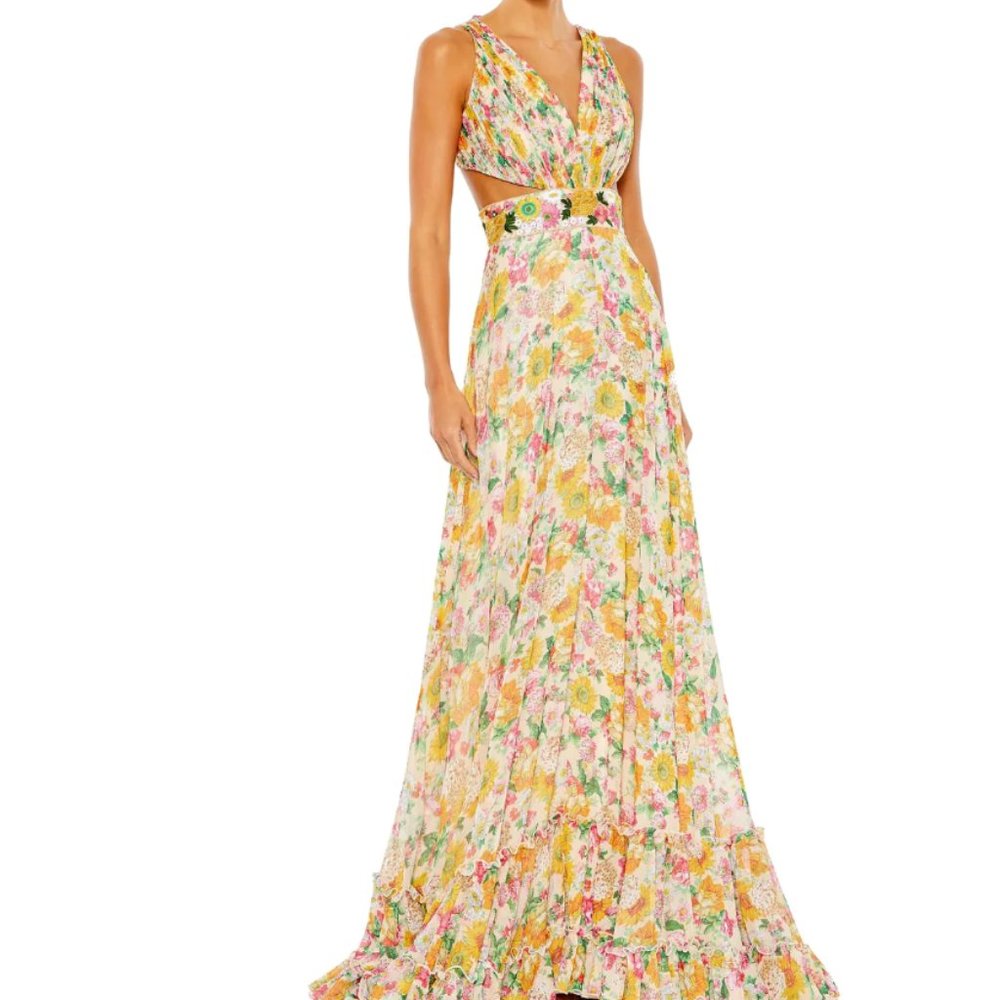 Mac Duggal Floral print cut-out lace up tiered gown